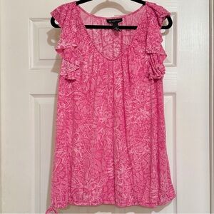 INC Bright Pink Floral V-neck Flutter Cap Sleeve Top, Size 2X